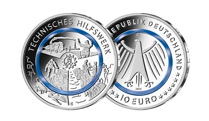 Bild- und Wertseite der 10-Euro-Polymerringmünze Technisches Hilfswerk (THW)